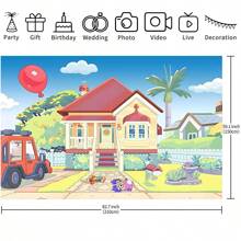 1 pezzi Sfondo per fotografia, casa dei cartoni animati, cielo blu, camion, sfondo per esterni, decorazione per feste di animali domestici, perfetto per compleanno, foto cabina, sfondo banner, studio di supporti, 210 cm x 150 cm / 150 cm x 100 cm / 100 cm x 75 cm