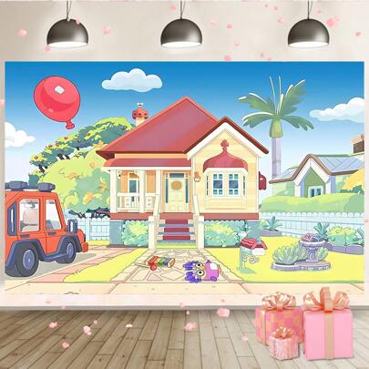 1件卡通房屋摄影背景布，蓝天卡车户外背景，宠物派对装饰，生日派对拍照背景，影棚道具，尺寸：82.7*59.1/59.1*39.4/39.4*29.5英寸