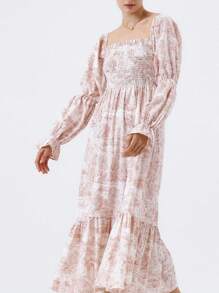 Women's Autumn Long Beach Dress Long Sleeve Off Shoulder Solid Color/Floral Dress - Pink - View 2