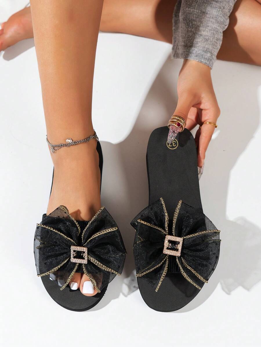 Damen Schlüpf-Pantoffeln mit Schleife, modische High-Heel Slides, neue rutschfeste Sandalen mit dicker Sohle für Outdoor und Strand, Keil-Hausschuhe für Urlaub und Lässig - Schwarz - Übersicht 1