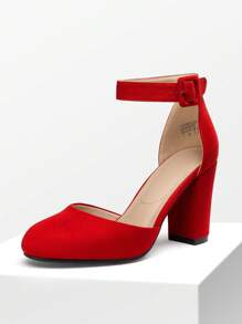 Women Ankle Strap Chunky Heel Pumps Round Toe High Heel Comfortable Elegant Work Dating Wedding Party Dress Shoes - Đỏ - Xem 5