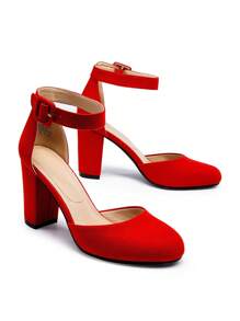 Women Ankle Strap Chunky Heel Pumps Round Toe High Heel Comfortable Elegant Work Dating Wedding Party Dress Shoes - Đỏ - Xem 2