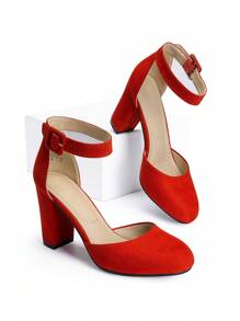 Women Ankle Strap Chunky Heel Pumps Round Toe High Heel Comfortable Elegant Work Dating Wedding Party Dress Shoes - Đỏ - Xem 7