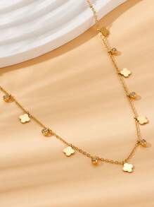 TONSI 1pc 18K Gold Plated Stainless Steel Delicate Four-Leaf Necklace, Simple & Fashionable, Suitable For Daily Wear, Gift For Bridesmaids, Mothers, Daughters, Friends - Waterproof/stainless Steel/18k Gold Plated - View 2