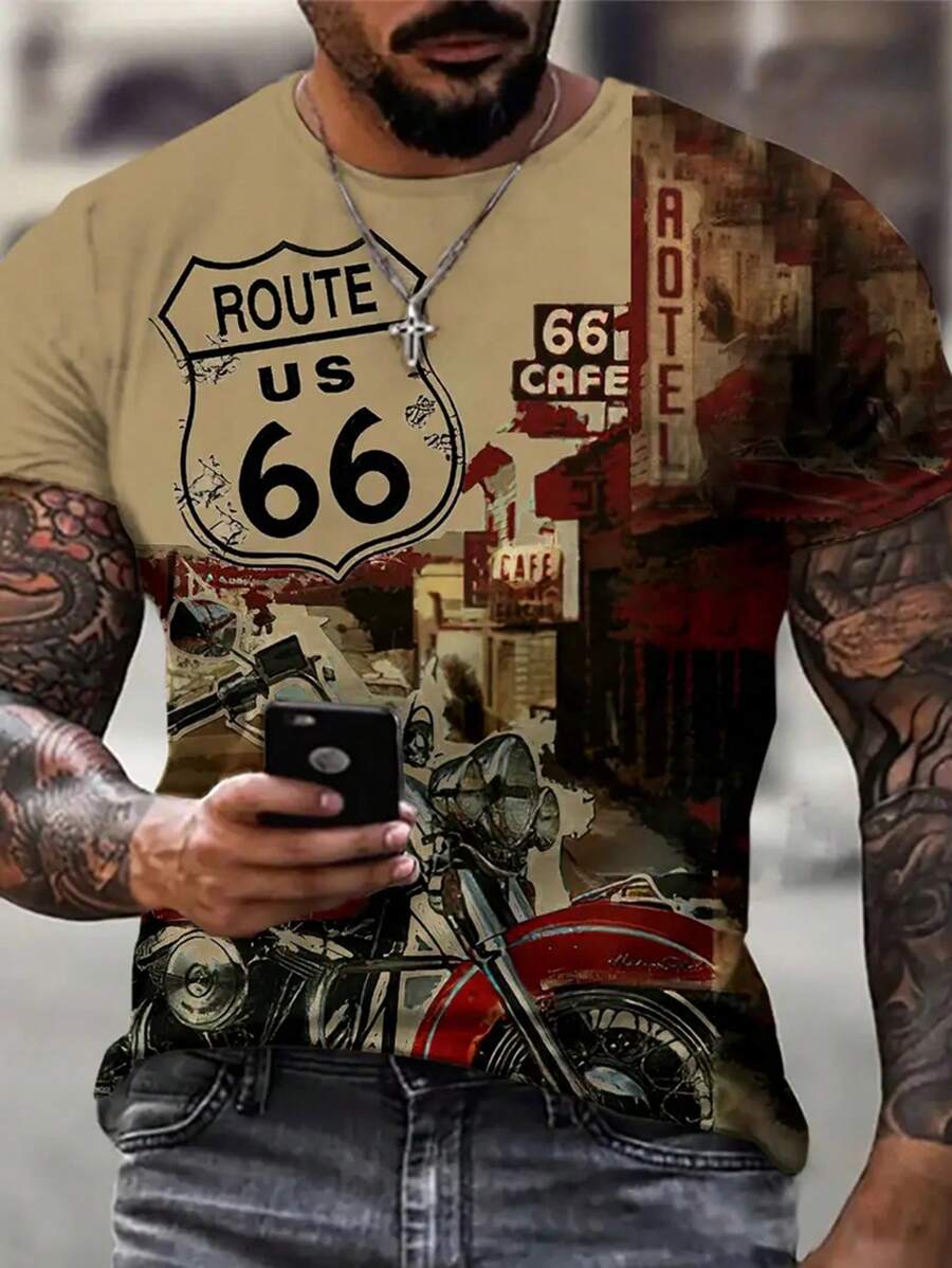 Men's Vintage Motorcycle Graphic T-Shirt, Breathable Casual Crew Neck Tee Suitable For Leisure And Sports, Summer - Multicolor - View 1