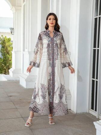 中东 V 领长裙，常规款式，全印花和提花面料，常规袖子，水钻装饰，优雅奢华，Jalabiya 阿拉伯女装