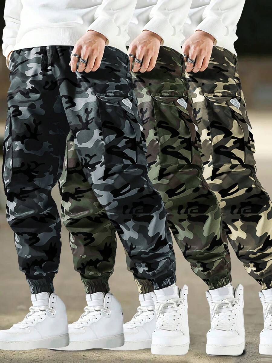 [Spring/Summer] Men's Camouflage Cargo Pants With Multiple Pockets, Drawstring Waist, And Elastic Cuffs For Casual Outing, Hiking Outfit, Daily Outfit - Grey - View 1