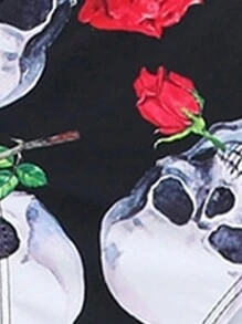 Conjunto de bikini con sujetador triangular y camiseta corta con estampado de esqueleto de rosas - Rojo - Ver 9