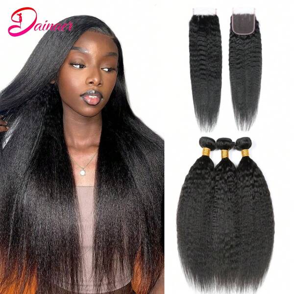 Ciocche brasiliane di capelli umani lisci e crespi con chiusura, 3 ciocche con chiusura in pizzo 4x4, 100% capelli vergini naturali, estensioni di capelli piene e spesse con texture yaki liscia