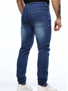 Jeans slim fit minimalistas con bolsillo y efecto desgastado para hombres - Azul lavado medio - Ver 4