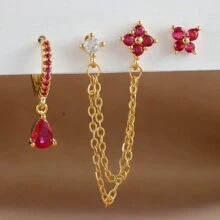 3pcs/Set, Single Ear Wear, 18K Gold Plated Copper Hoop Earrings And Stainless Steel Stud Earrings, Sparkling Butterfly Zirconia Flower Earrings, Women's Cartilage/Helix/Tragus Double Hole Chain Piercing Earrings, Girls Gift Jewelry - 3pcs Earrings Set - View 13