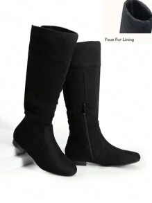 Women's Fur Lined Knee High Boots Round Toe Pull On Classic Elegant Casual Comfortable Fall Weather Winter Warm Tall Boots