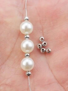 50 件锌合金珠子，用于珠宝制作，4 毫米球形隔珠，古银和银色饰面，花卉图案圆形珠子组合，适用于 DIY 项链、耳环和工艺配件 - 銀色 - 查看 9