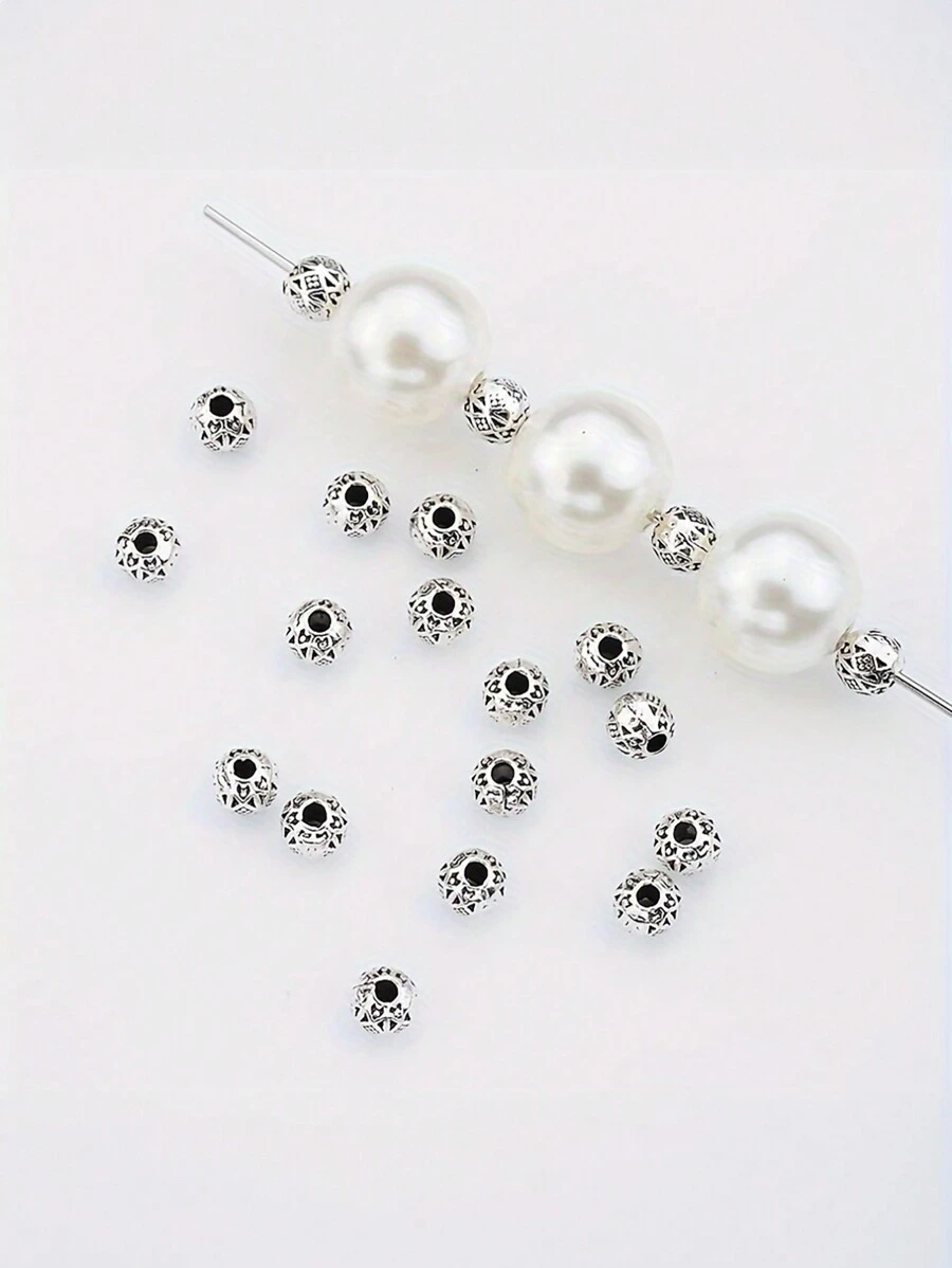 50 件锌合金珠子，用于珠宝制作，4 毫米球形隔珠，古银和银色饰面，花卉图案圆形珠子组合，适用于 DIY 项链、耳环和工艺配件 - 銀色 - 查看 1