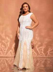 大码白色圆领短袖亮片装饰晚礼服（前后图案随机，不匹配），派对礼服，婚礼宾客礼服，礼服 - 白色 - 查看 4