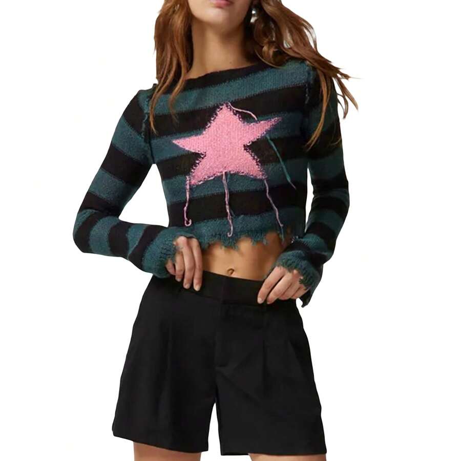 Women Knit Sweater Vintage Long Sleeve Crew Neck Star Pullover Crop Top Streetwear - Multicolor - View 1