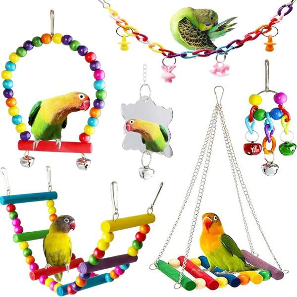6pcs/Set Bird Toy Kit, Swing, Ladder, Mirror, Climbing & Chewing Toys For Small & Medium Size Parrots