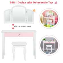 Homasis Kids Vanity Princess Make Up Dressing Table W/ Tri-Folding Mirror & Chair White - White - View 7