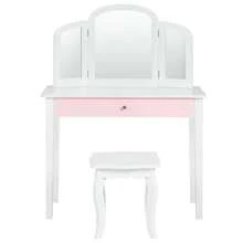 Homasis Kids Vanity Princess Make Up Dressing Table W/ Tri-Folding Mirror & Chair White - White - View 10