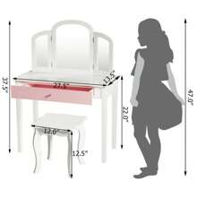 Homasis Kids Vanity Princess Make Up Dressing Table W/ Tri-Folding Mirror & Chair White - White - View 9