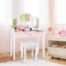Homasis Kids Vanity Princess Make Up Dressing Table W/ Tri-Folding Mirror & Chair White - White - View 2