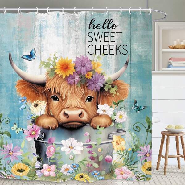 1pc Teal Bull Highland Cow Bathroom Shower Curtain Cute Funny Farmhouse Rustic Flower Floral Animal Sweet Cheeks Waterproof Decor Home Bathroom Decor Summer Bathroom Accessories Back To School
