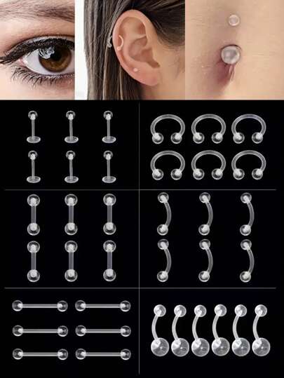 36pcs 14G 16G Clear Piercing Retainers Bioflex Nose Rings Belly Rings Septum Eyebrow Lip Cartilage Tragus Earring Retainer Industrial Bar Plastic Piercing Jewelry For Work School