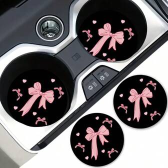 2pcs Bow Print Car Cup Coasters, Stylish & Durable Fast-Drying Non-Slip Car Cup Mat