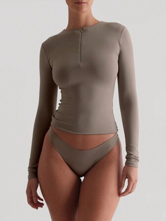 XLLAIS Fashion Zipper Collar Solid Tight T-Shirt Women's Sports Casual Long Sleeve Stretch Top