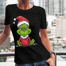 Festive 'Green Christmas Character In Santa Outfit' Women's T - Shirt, Fashion Casual Summer Top, Ideal For Christmas, Available In White And Oversized Styles, 2025 New - 黑色 - 查看 3