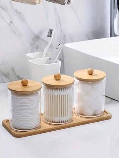 3 peças de plástico transparente redondo caixa de armazenamento de cotonete de limpeza com bandeja / 1 peça moderna caixa de armazenamento de mesa portátil para uso doméstico