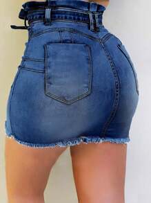 Women's Casual Denim Skirt, Fashionable And Sexy Tassel Hem With Belt Tight Denim Skirt, Summer Streetwear - 深色水洗藍 - 查看 3