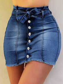 Women's Casual Denim Skirt, Fashionable And Sexy Tassel Hem With Belt Tight Denim Skirt, Summer Streetwear - 深色水洗藍 - 查看 1