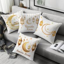 4pcs Ramadan Crescent Moon & Star Lantern Decorative Pillow Case Set, Single-Sided Peach Velvet Fabric, 45*45cm/50*50cm/40*40cm Cushion Cover Suitable For Modern Living Room Sofa Decor, Gift, Party Decoration - Multicolor - View 9