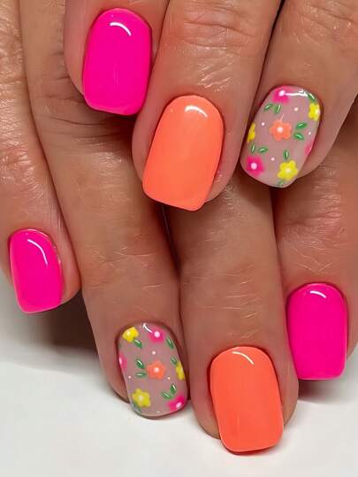 24Pcs Short Square Floral Design Artificial Nail Tips - Elegant Pink, Yellow, Orange Flowers And Solid Colors, Fashion & Versatile, Suitable For Daily Wear For Women & Girls, Includes Nail Glue & Nail File, Random Gel Color Included Press On Nails Nail Supplies Nails