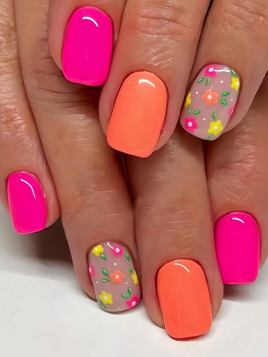 24 件短方形花卉图案人造指甲片 - 优雅的粉色、黄色、橙色花朵和纯色，时尚百搭，适合女性和女孩日常佩戴，包含指甲胶和指甲锉，随机凝胶颜色按压指甲美甲用品 - 彩色 - 查看 1