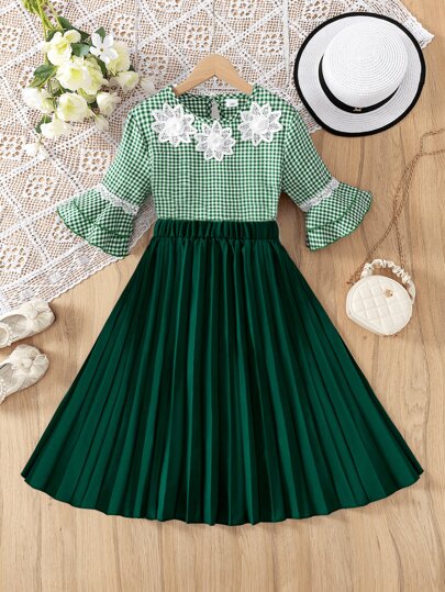 2 Stücke Set für Tween Mädchen: Grün kariertes Blumendekor Bluse mit 3/4 Ärmeln + dunkelgrüner plissierter midi Rock, Lässig für Frühling/Sommer