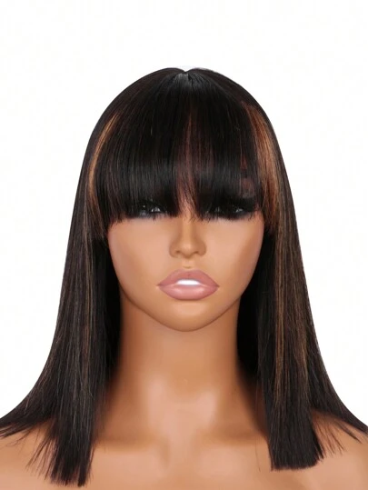 Parrucca a caschetto con frangia, capelli umani dritti colore 4/27, parrucca corta in capelli umani senza colla, parrucca a caschetto ombré bionda con riflessi, per donne, 30,5x1,5 cm, parrucca a caschetto in capelli umani lunga 30 cm