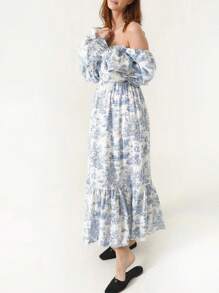 Women's Floral Maxi Dress Y2k Off Shoulder Puff Sleeve High Waist Long Dresses Summer Casual Sundress - 藍色 - 查看 6