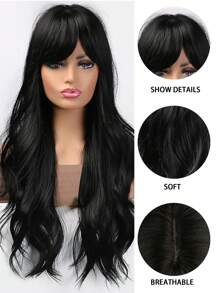 High Quality Black 26-Inch Long Curly Natural Wave Wig Curly Synthetic Wig With Bangs Perfect For Everyday Use At Birthday And Holiday Parties - Black - View 8