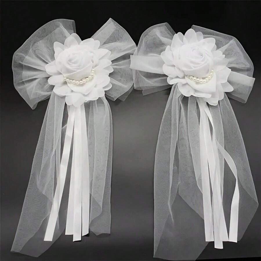 2 piezas de flores de encaje, lazos para sillas, corsajes para decorar el coche de boda, decoraciones para fiestas, accesorios para vehículos - Blanco - Ver 1