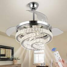 42''Dimmable Fandelier Crystal Chandelier Ceiling Fan Retractable Ceiling Fan With Lights And Remote 6 Speed, 3 Light Change Retractable Blade Chandelier Ceiling Fan For Bedroom(Chrome) - Chrome - View 1