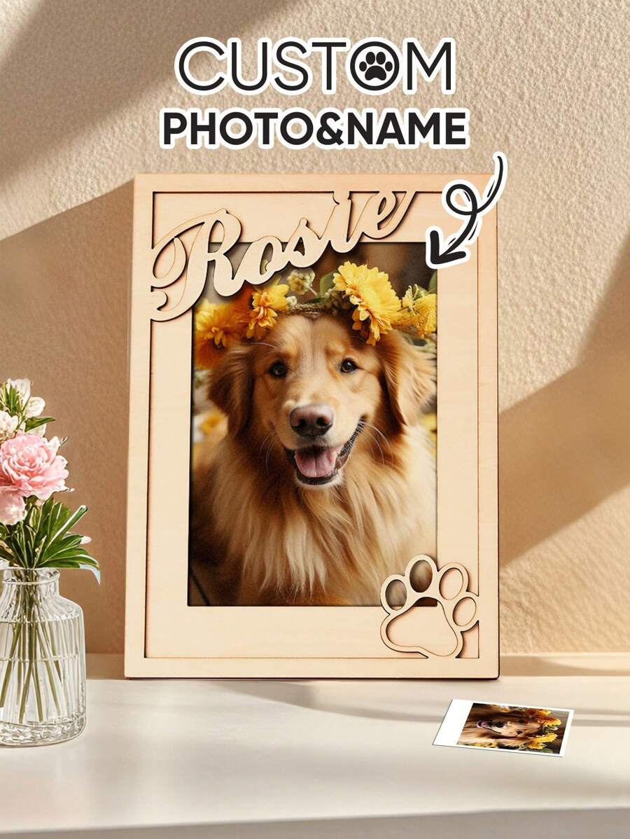1pc Custom Wooden Frame, Custom Picture Frame, Personalized Home Decor With Your Text And Photo, Custom Photo Memorial Standing Frame, Pet Loss Gift, Pet Collar Holder, Dog Bereavement For Pet Owner, Gift, Gift For Pet Lovers, Gift For Him, Gift For Her, Valentine Day, Valentine Day Decor Gifts Birthday Graduation,Slow Summer Living,Customized Crafts,Home Refresh