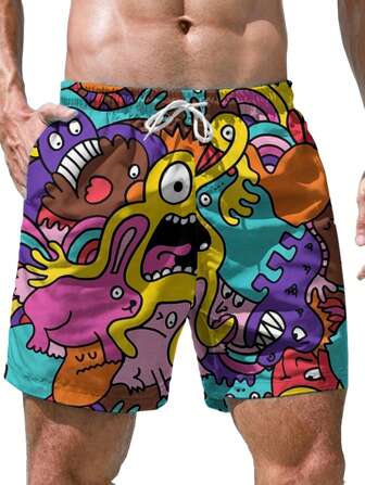 男士休闲宽松图案运动短裤，舒适适合户外活动，夏季