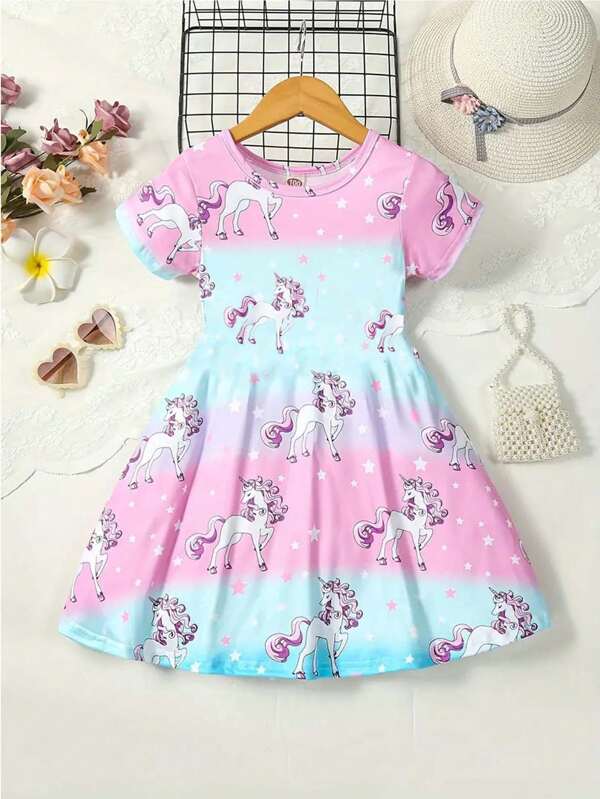 Girls Ombre Unicorn Pattern Comfortable Breathable Short Sleeve Holiday Casual Dress