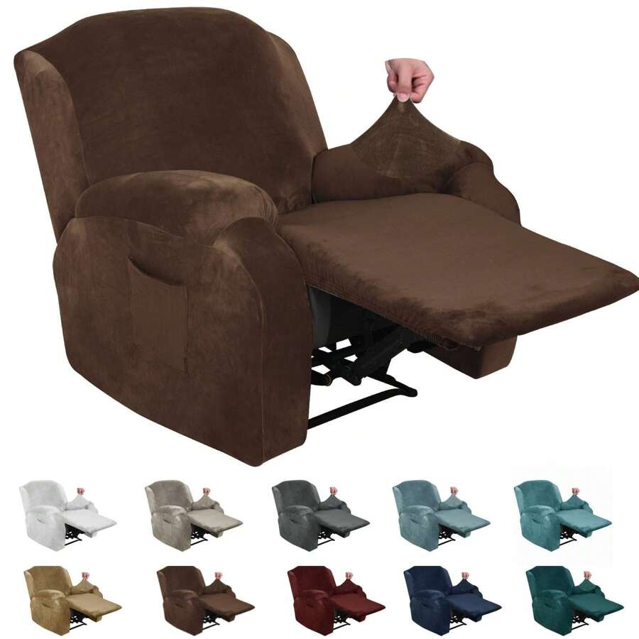 Oversized Recliner Chair Covers Velvet Plush 4 Piece Stretch Recliners Covers For Large Recliner Slipcovers Soft Washable Reclining Protector With Side Pocket - Cà phê nâu - Xem 1