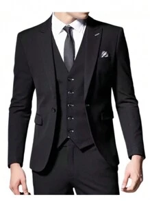 Slim Suit Complete Men's Outfit Sophisticated Cut (Pants + Blazer + Vest) - Black and White - View 7