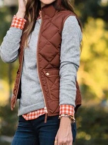 Women Quilted Puffer Vest L-3XL Winter Warm Jacket Vest Solid Color Sleeveless Stand Collar Zipper Padded Coat Gilet - Tan - View 5