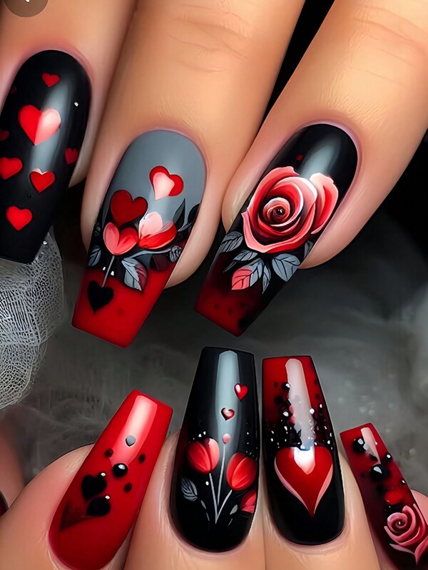 Express Your Love With 24Pcs Coffin Shape Mani Press On Nails Valentines Nails Cute Fashion Red Black Love Red Gradient Black Fake Nails Elegant Beautiful Red Roses Heart Bouquet Red Fake Nails Valentine'S Day Fake Nails Mother'S Day Nails Full Cover Fake Nail Set For Women And Girls Includes Nail Salon With 1 Piece Of Jelly Gel And 1 File Stri Jelly Gel Random Shipment Nail Supplies Nails