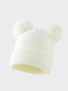 1 pieza Gorro de punto de unicolor y versátil con dos bolas, adecuado para outfits casuales de otoño/invierno de mujer